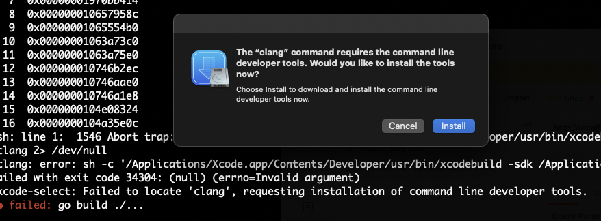 The clang command requires the command line developer tools